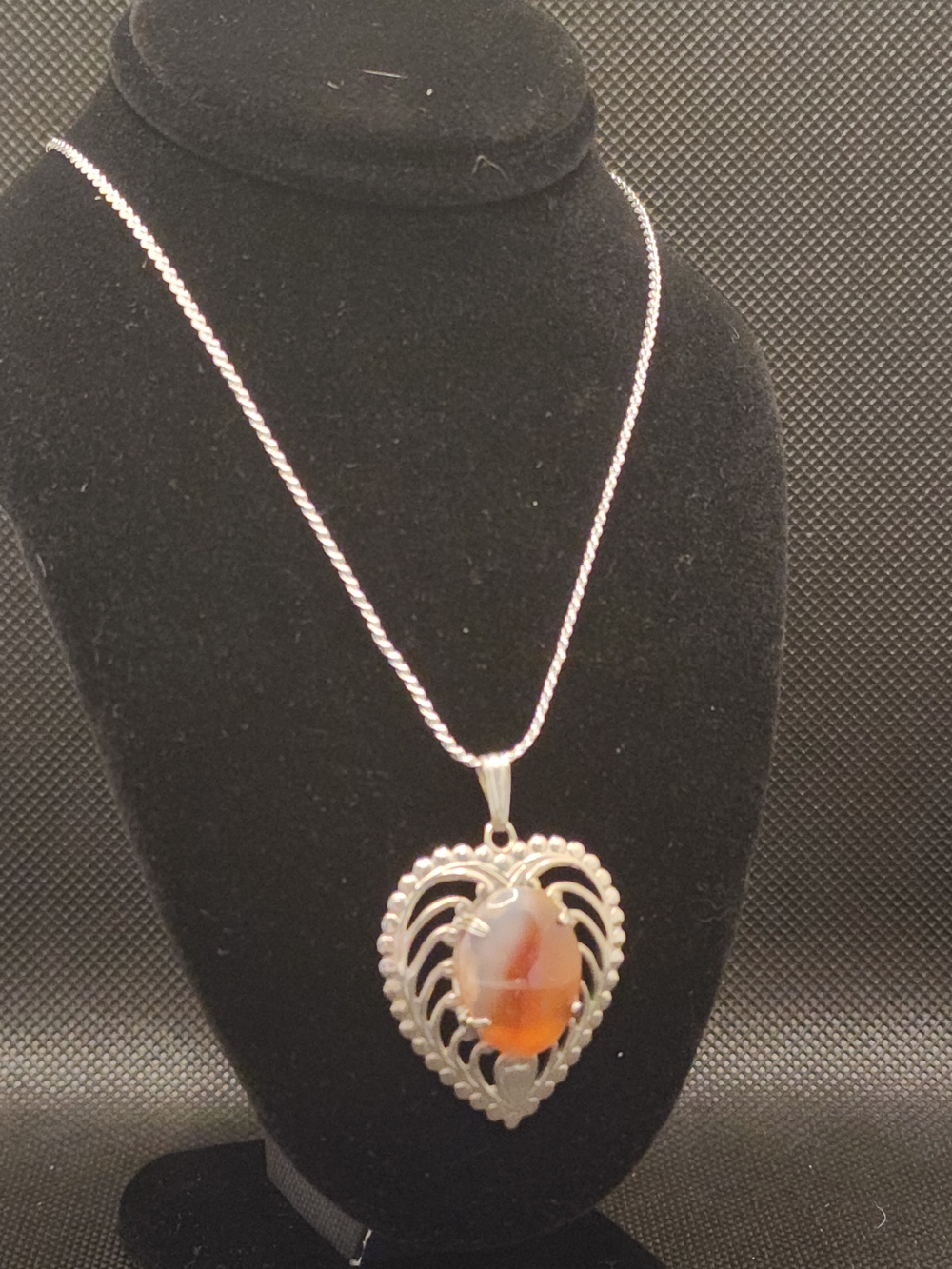 Vintage Orange Agate Heart Pendant Necklace Silver